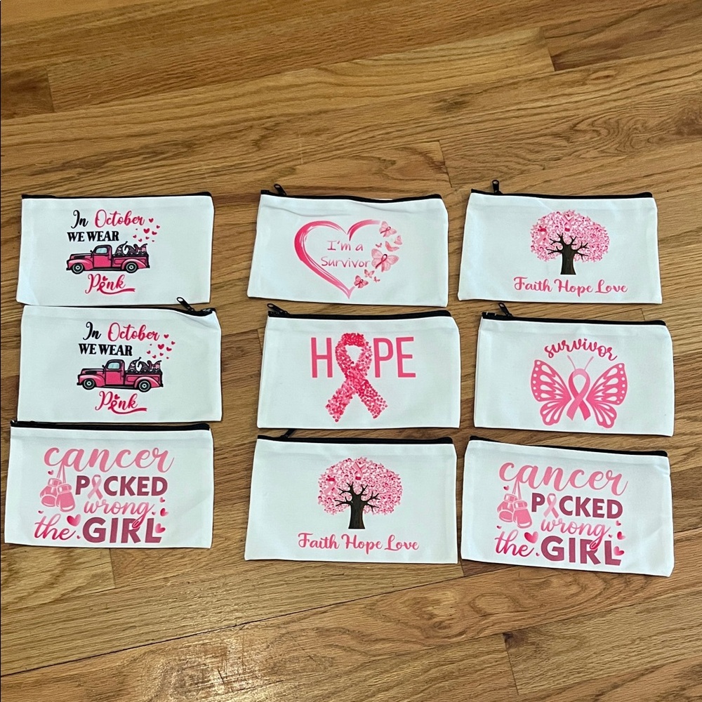 Pink and White Inspirational Pouches. Breast cancer awareness.  Bundle of nine.